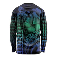 Hawaiian Sea Turtle Long Sleeve Shirt Blue Hibiscus Flowers and Kakau Pattern LT9 - Polynesian Pride