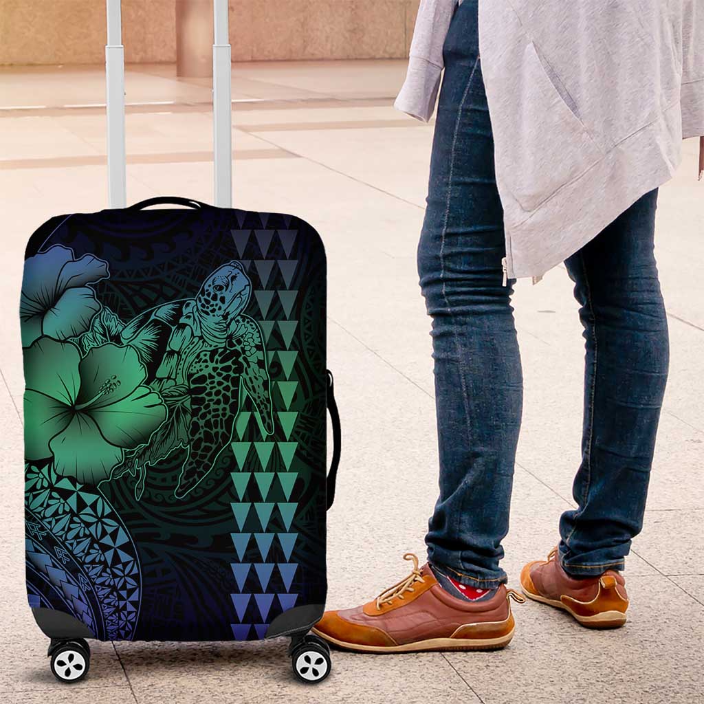 Hawaiian Sea Turtle Luggage Cover Blue Hibiscus Flowers and Kakau Pattern LT9 Blue - Polynesian Pride