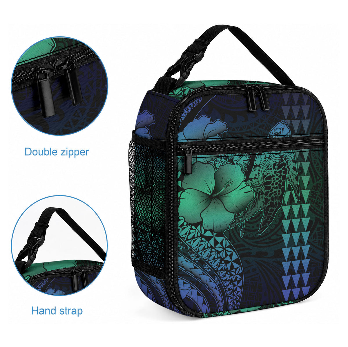 Hawaiian Sea Turtle Lunch Bag Blue Hibiscus Flowers and Kakau Pattern LT9 - Polynesian Pride