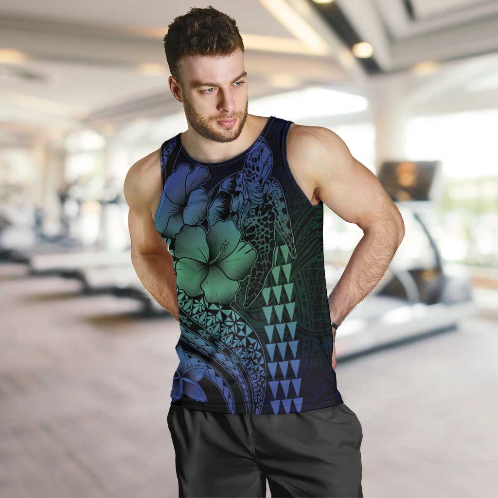 Hawaiian Sea Turtle Men Tank Top Blue Hibiscus Flowers and Kakau Pattern LT9 Blue - Polynesian Pride