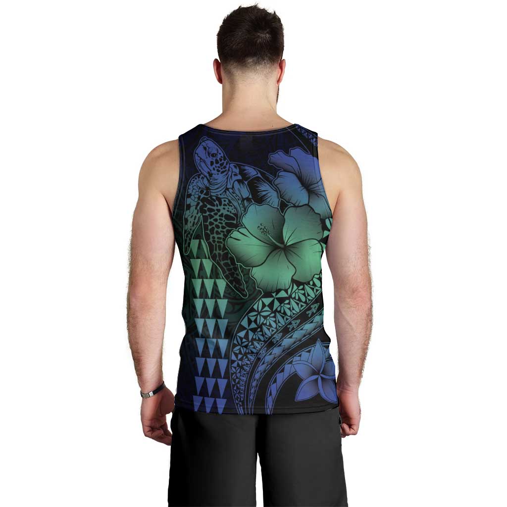 Hawaiian Sea Turtle Men Tank Top Blue Hibiscus Flowers and Kakau Pattern LT9 - Polynesian Pride