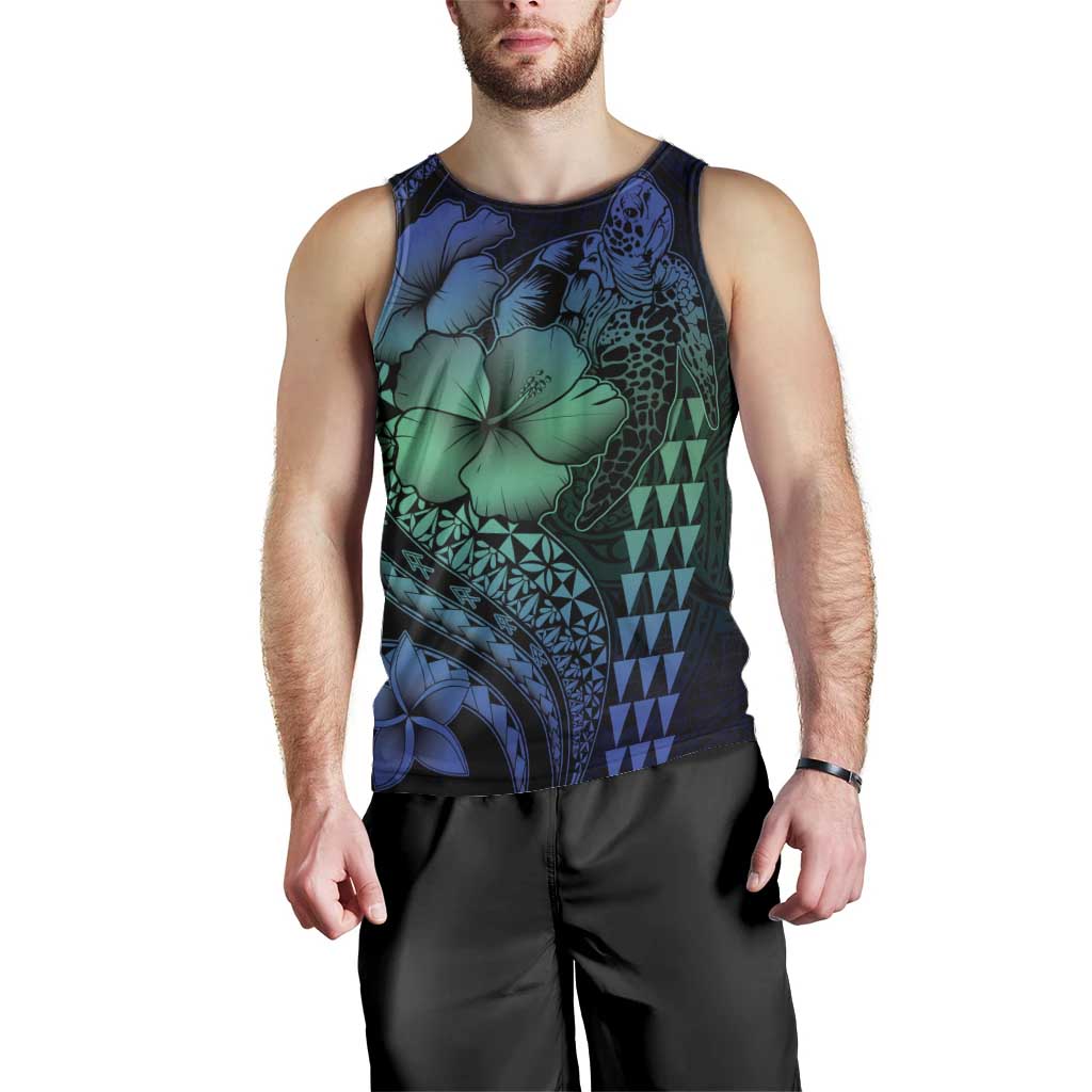 Hawaiian Sea Turtle Men Tank Top Blue Hibiscus Flowers and Kakau Pattern LT9 - Polynesian Pride