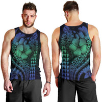 Hawaiian Sea Turtle Men Tank Top Blue Hibiscus Flowers and Kakau Pattern LT9 - Polynesian Pride