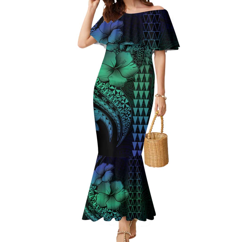 Hawaiian Sea Turtle Mermaid Dress Blue Hibiscus Flowers and Kakau Pattern LT9 Women Blue - Polynesian Pride