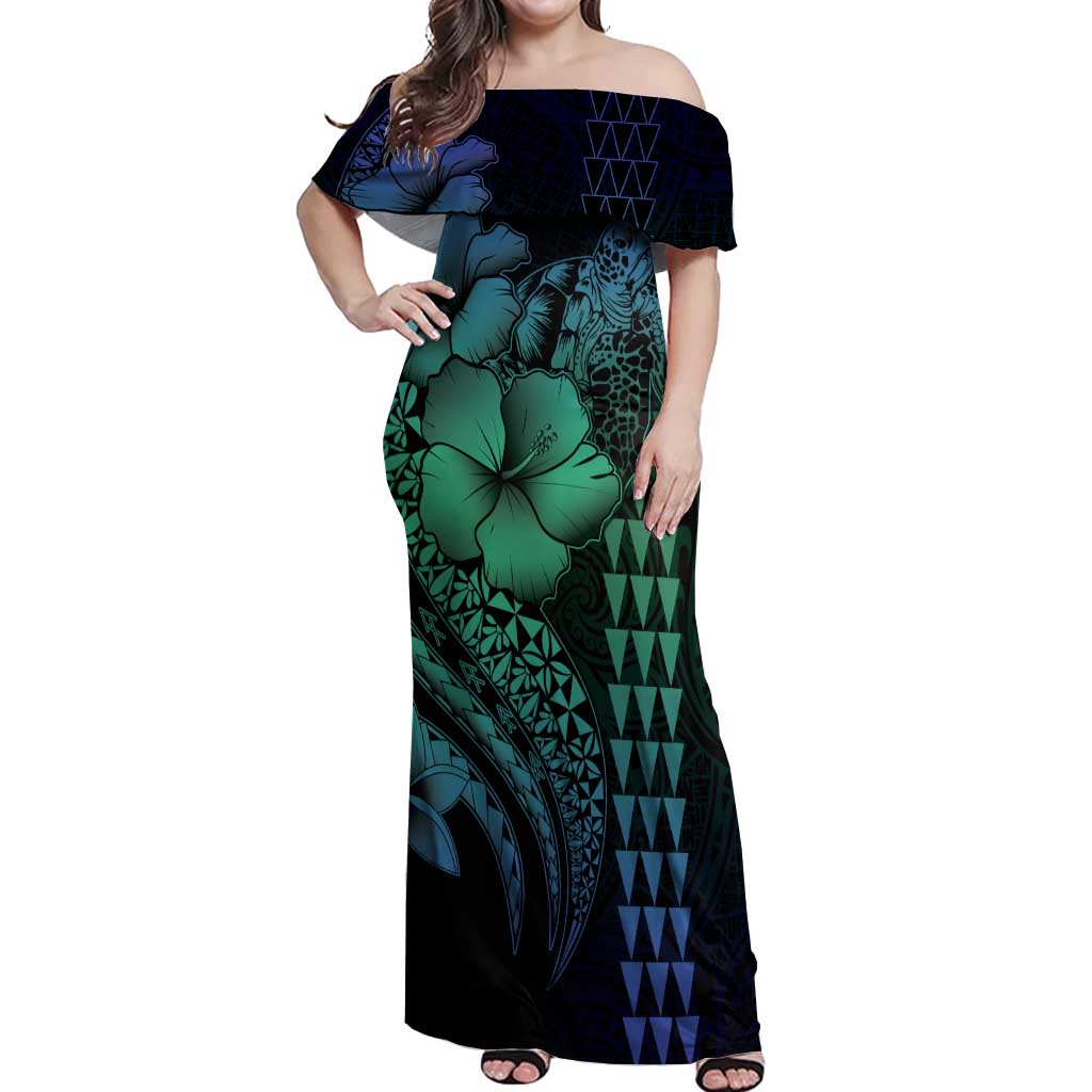 Hawaiian Sea Turtle Off Shoulder Maxi Dress Blue Hibiscus Flowers and Kakau Pattern LT9 Women Blue - Polynesian Pride