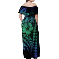 Hawaiian Sea Turtle Off Shoulder Maxi Dress Blue Hibiscus Flowers and Kakau Pattern LT9 - Polynesian Pride