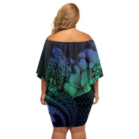 Hawaiian Sea Turtle Off Shoulder Short Dress Blue Hibiscus Flowers and Kakau Pattern LT9 - Polynesian Pride