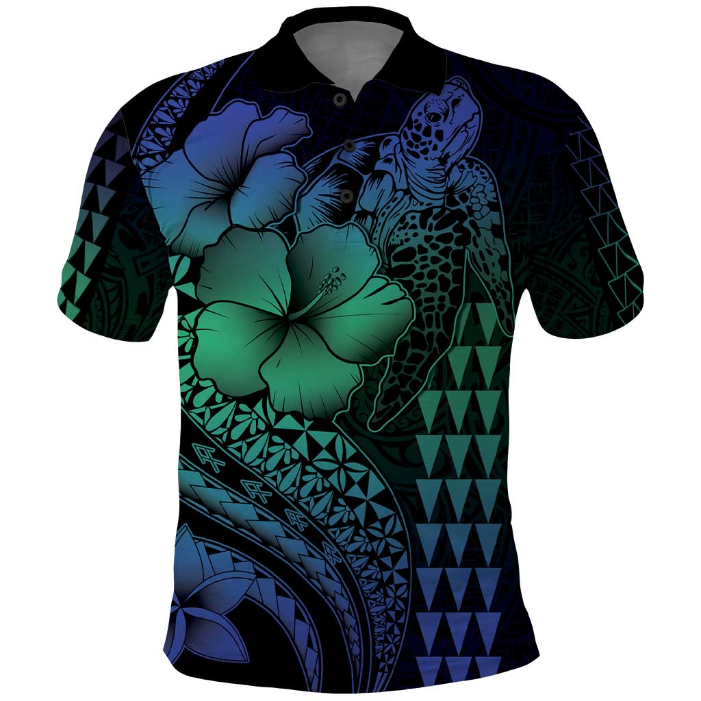 Hawaiian Sea Turtle Polo Shirt Blue Hibiscus Flowers and Kakau Pattern LT9 Blue - Polynesian Pride