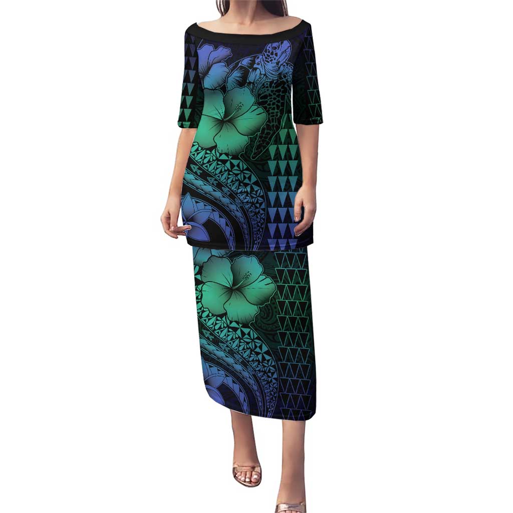 Hawaiian Sea Turtle Puletasi Blue Hibiscus Flowers and Kakau Pattern LT9 Long Dress Blue - Polynesian Pride