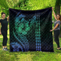 Hawaiian Sea Turtle Quilt Blue Hibiscus Flowers and Kakau Pattern LT9 - Polynesian Pride