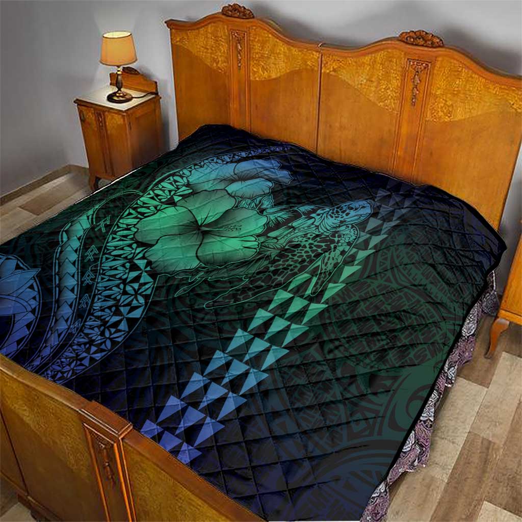 Hawaiian Sea Turtle Quilt Blue Hibiscus Flowers and Kakau Pattern LT9 - Polynesian Pride