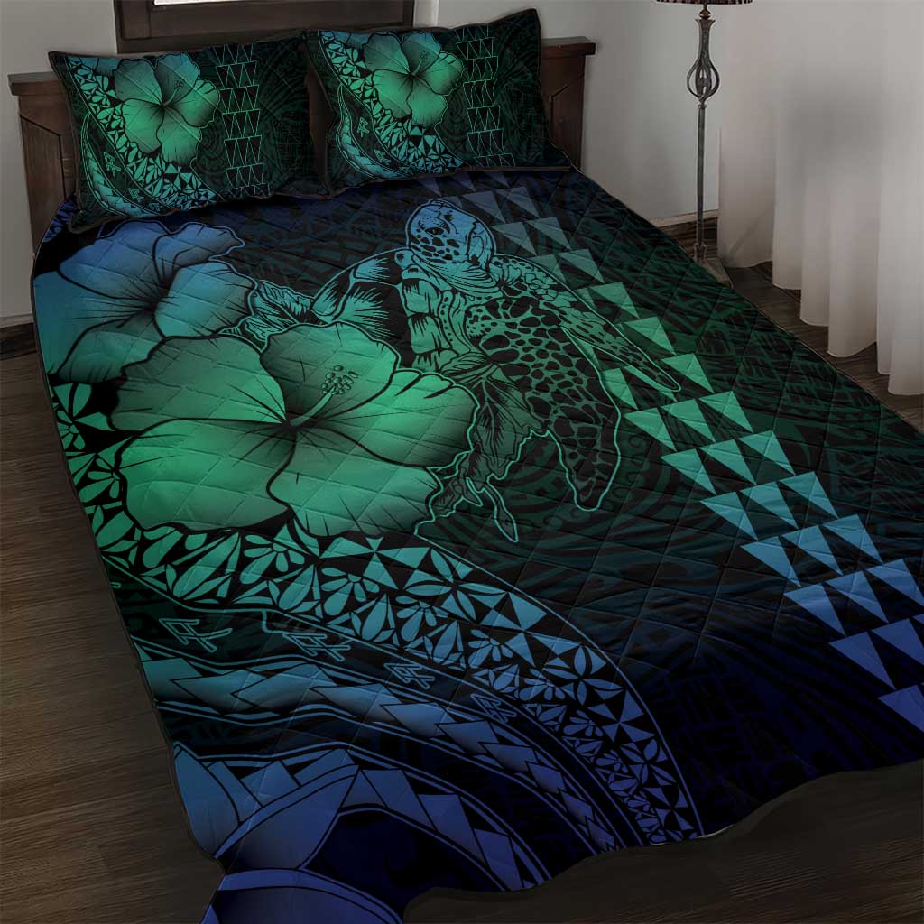 Hawaiian Sea Turtle Quilt Bed Set Blue Hibiscus Flowers and Kakau Pattern LT9 Blue - Polynesian Pride
