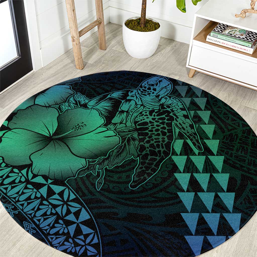 Hawaiian Sea Turtle Round Carpet Blue Hibiscus Flowers and Kakau Pattern LT9 Blue - Polynesian Pride