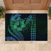 Hawaiian Sea Turtle Rubber Doormat Blue Hibiscus Flowers and Kakau Pattern LT9 Blue - Polynesian Pride