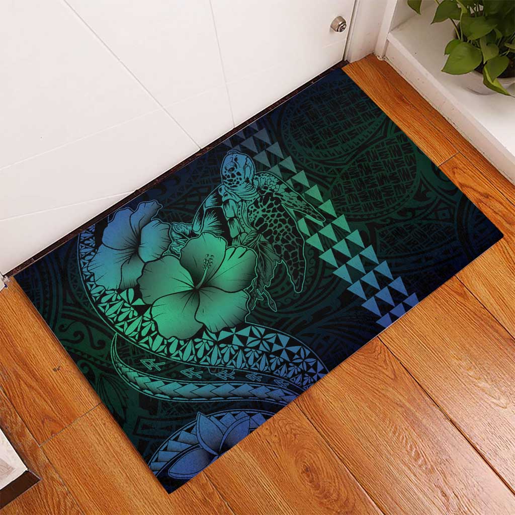 Hawaiian Sea Turtle Rubber Doormat Blue Hibiscus Flowers and Kakau Pattern LT9 - Polynesian Pride