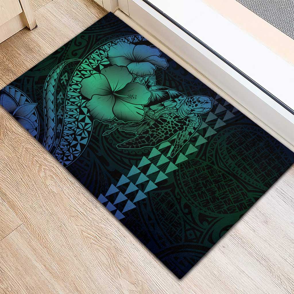Hawaiian Sea Turtle Rubber Doormat Blue Hibiscus Flowers and Kakau Pattern LT9 - Polynesian Pride