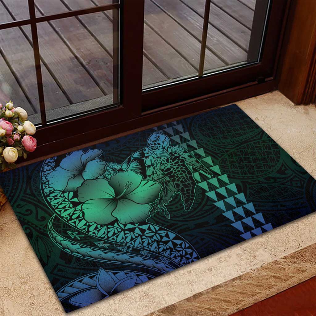 Hawaiian Sea Turtle Rubber Doormat Blue Hibiscus Flowers and Kakau Pattern LT9 - Polynesian Pride