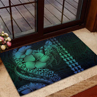 Hawaiian Sea Turtle Rubber Doormat Blue Hibiscus Flowers and Kakau Pattern LT9 - Polynesian Pride