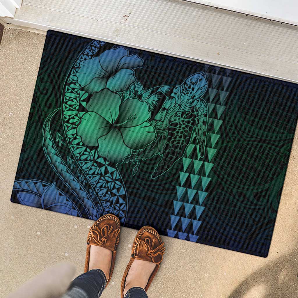 Hawaiian Sea Turtle Rubber Doormat Blue Hibiscus Flowers and Kakau Pattern LT9 - Polynesian Pride