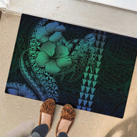 Hawaiian Sea Turtle Rubber Doormat Blue Hibiscus Flowers and Kakau Pattern LT9 - Polynesian Pride