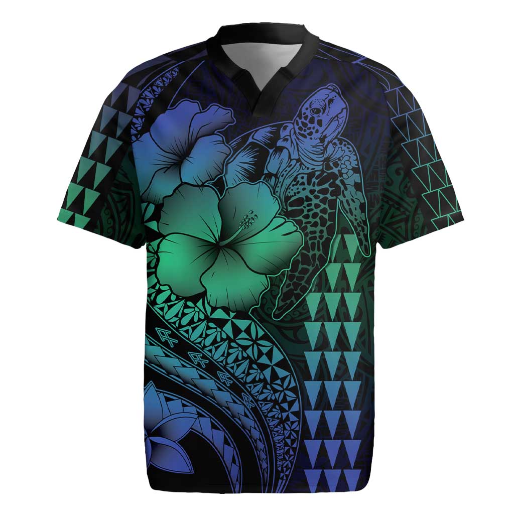 Hawaiian Sea Turtle Rugby Jersey Blue Hibiscus Flowers and Kakau Pattern LT9 Blue - Polynesian Pride