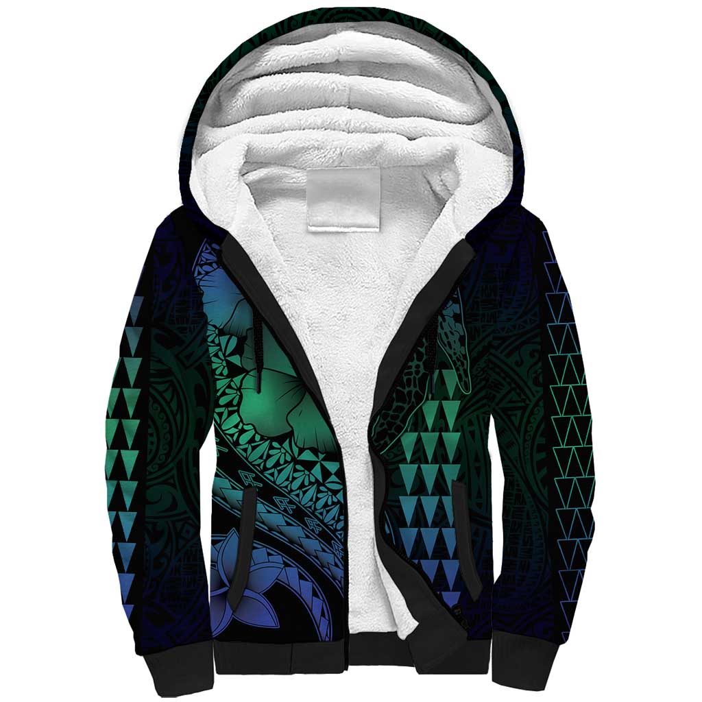 Hawaiian Sea Turtle Sherpa Hoodie Blue Hibiscus Flowers and Kakau Pattern LT9 Unisex Blue - Polynesian Pride