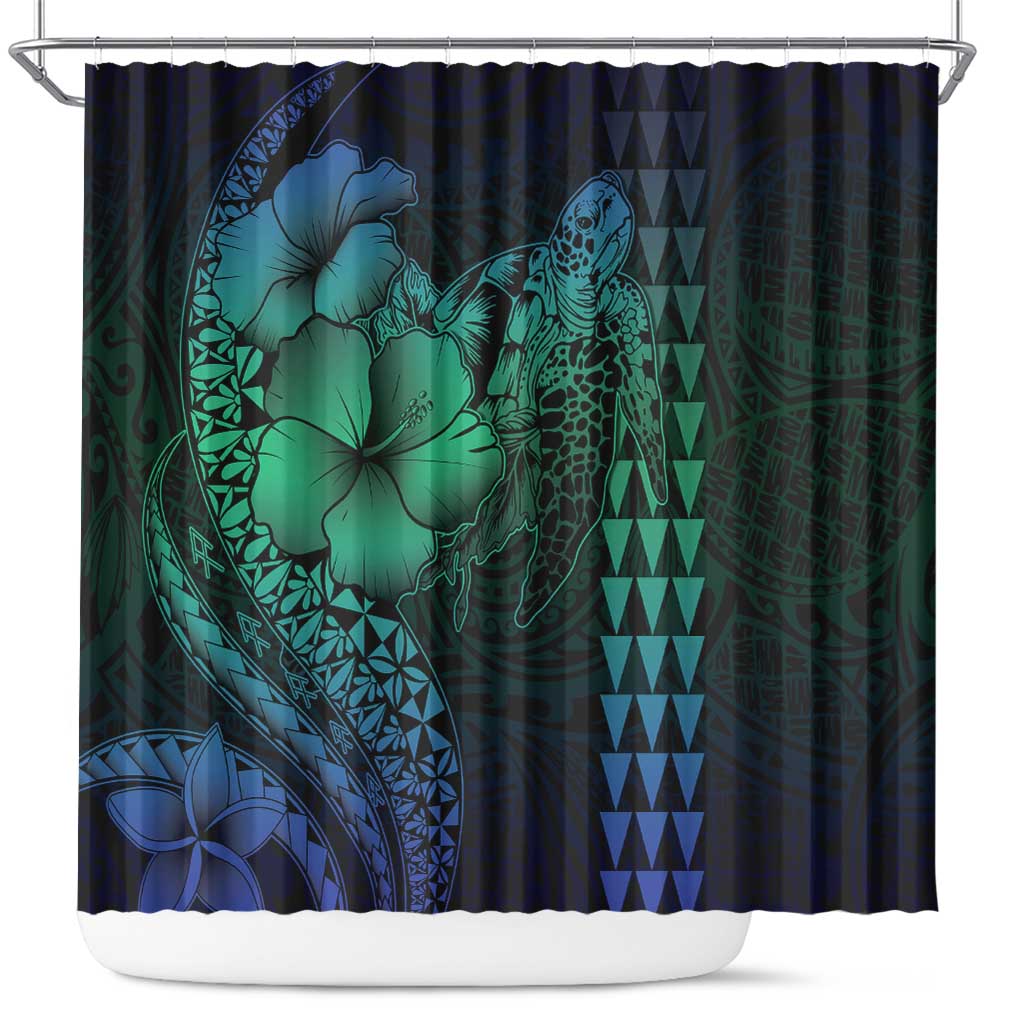 Hawaiian Sea Turtle Shower Curtain Blue Hibiscus Flowers and Kakau Pattern LT9 Blue - Polynesian Pride