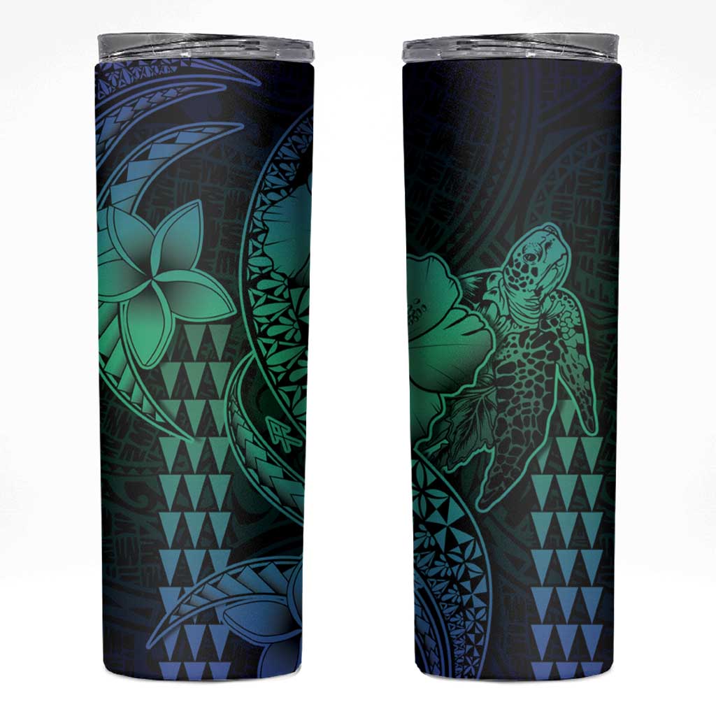 Hawaiian Sea Turtle Skinny Tumbler Blue Hibiscus Flowers and Kakau Pattern LT9 Blue - Polynesian Pride