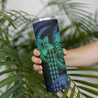 Hawaiian Sea Turtle Skinny Tumbler Blue Hibiscus Flowers and Kakau Pattern LT9 - Polynesian Pride