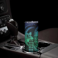 Hawaiian Sea Turtle Skinny Tumbler Blue Hibiscus Flowers and Kakau Pattern LT9 - Polynesian Pride