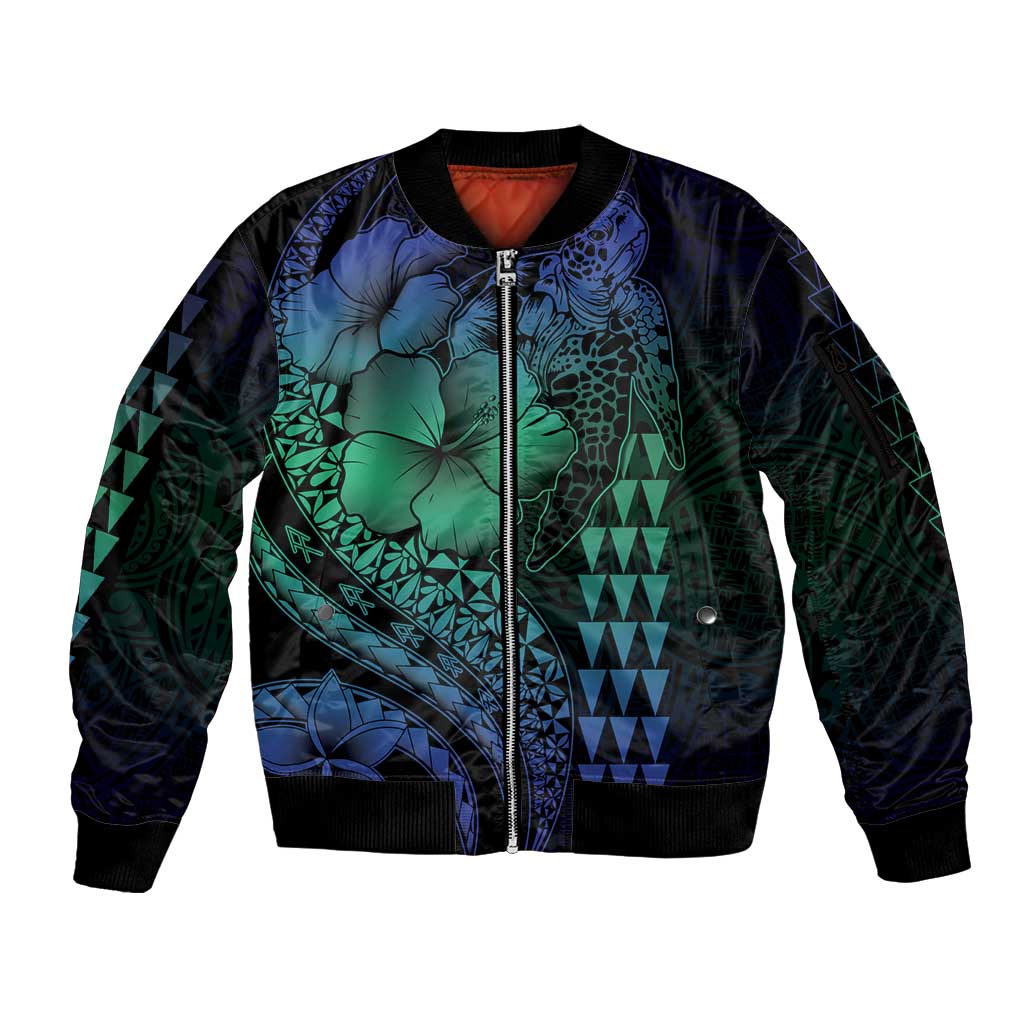 Hawaiian Sea Turtle Sleeve Zip Bomber Jacket Blue Hibiscus Flowers and Kakau Pattern LT9 Unisex Blue - Polynesian Pride