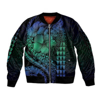 Hawaiian Sea Turtle Sleeve Zip Bomber Jacket Blue Hibiscus Flowers and Kakau Pattern LT9 Unisex Blue - Polynesian Pride