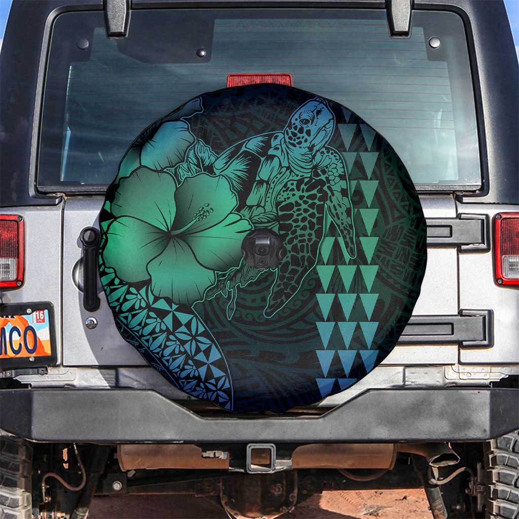 Hawaiian Sea Turtle Spare Tire Cover Blue Hibiscus Flowers and Kakau Pattern LT9 Blue - Polynesian Pride