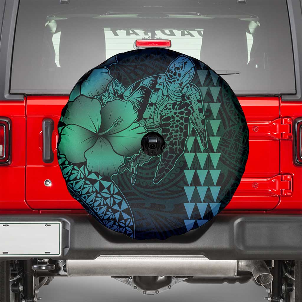 Hawaiian Sea Turtle Spare Tire Cover Blue Hibiscus Flowers and Kakau Pattern LT9 - Polynesian Pride