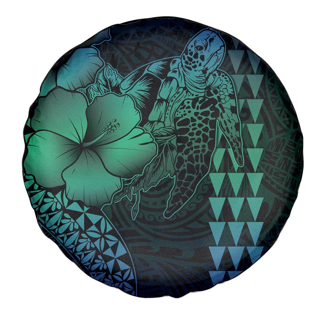 Hawaiian Sea Turtle Spare Tire Cover Blue Hibiscus Flowers and Kakau Pattern LT9 - Polynesian Pride