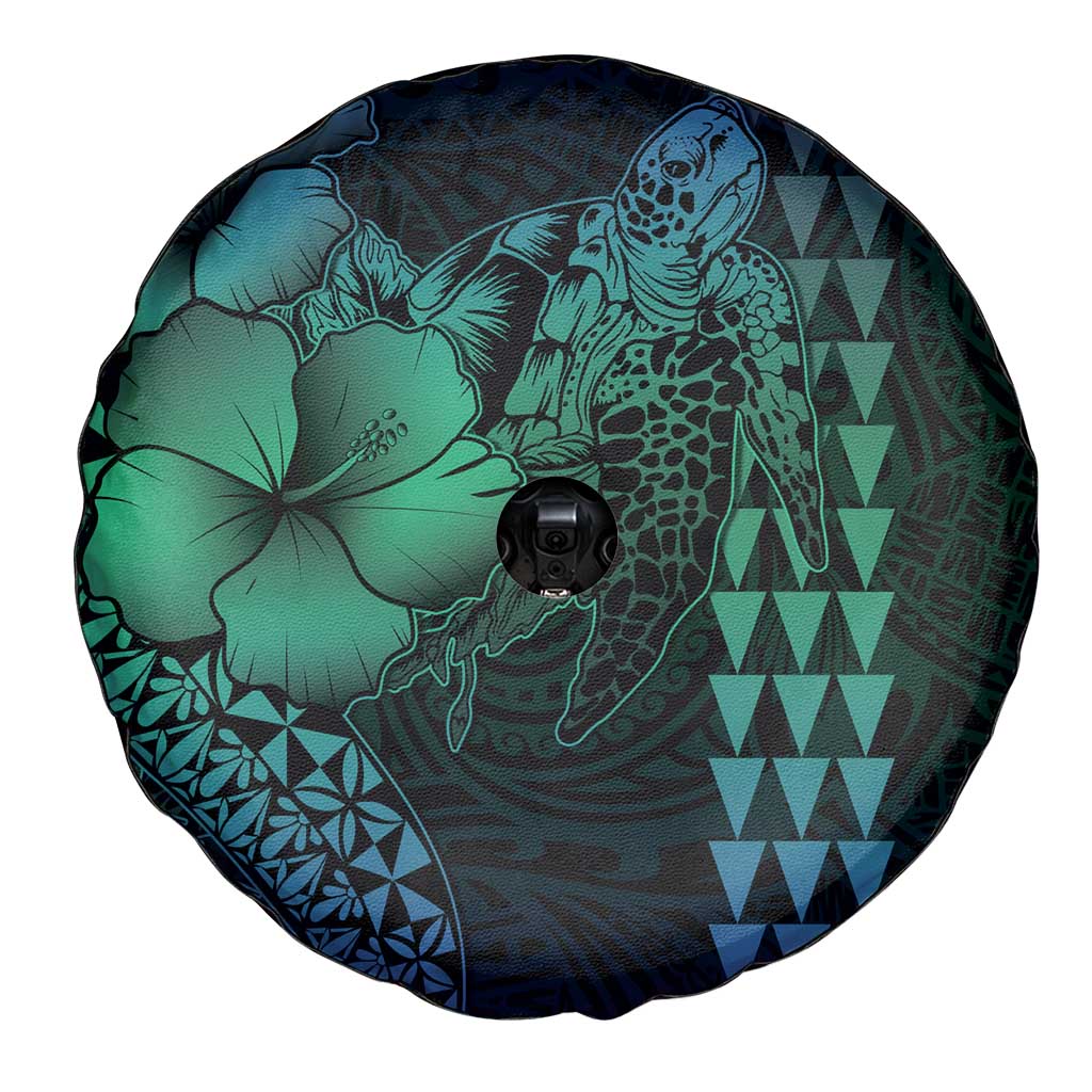 Hawaiian Sea Turtle Spare Tire Cover Blue Hibiscus Flowers and Kakau Pattern LT9 - Polynesian Pride