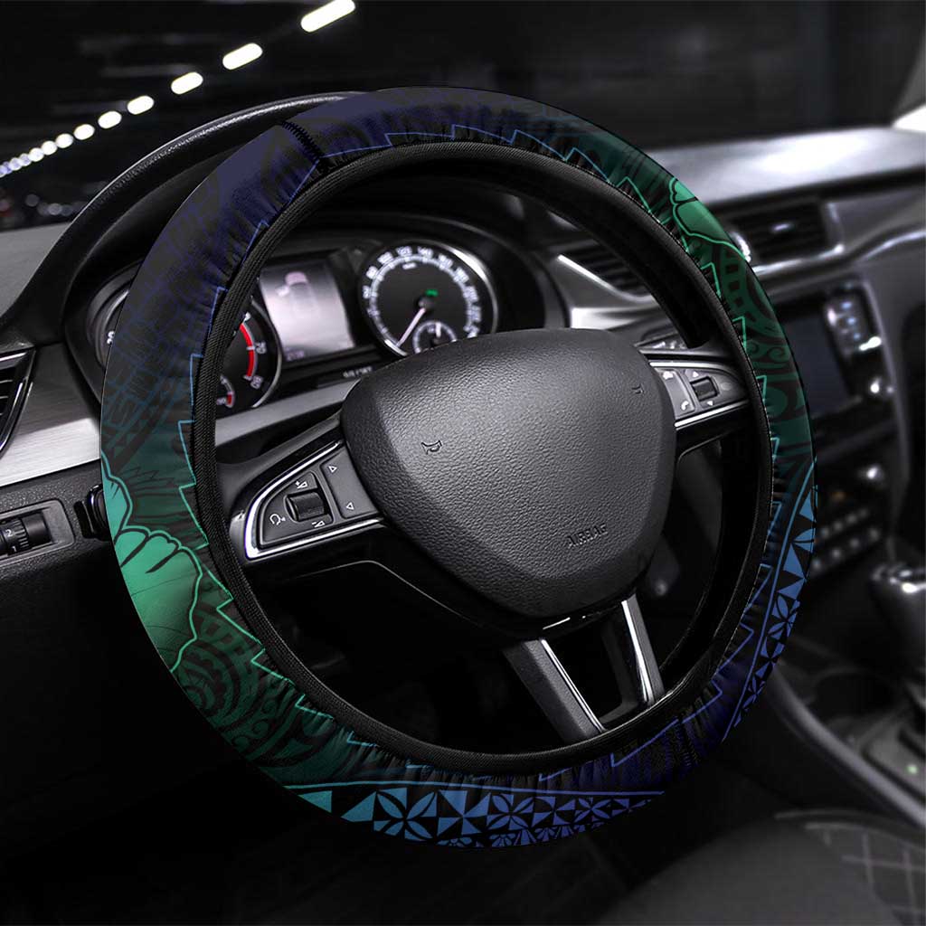 Hawaiian Sea Turtle Steering Wheel Cover Blue Hibiscus Flowers and Kakau Pattern