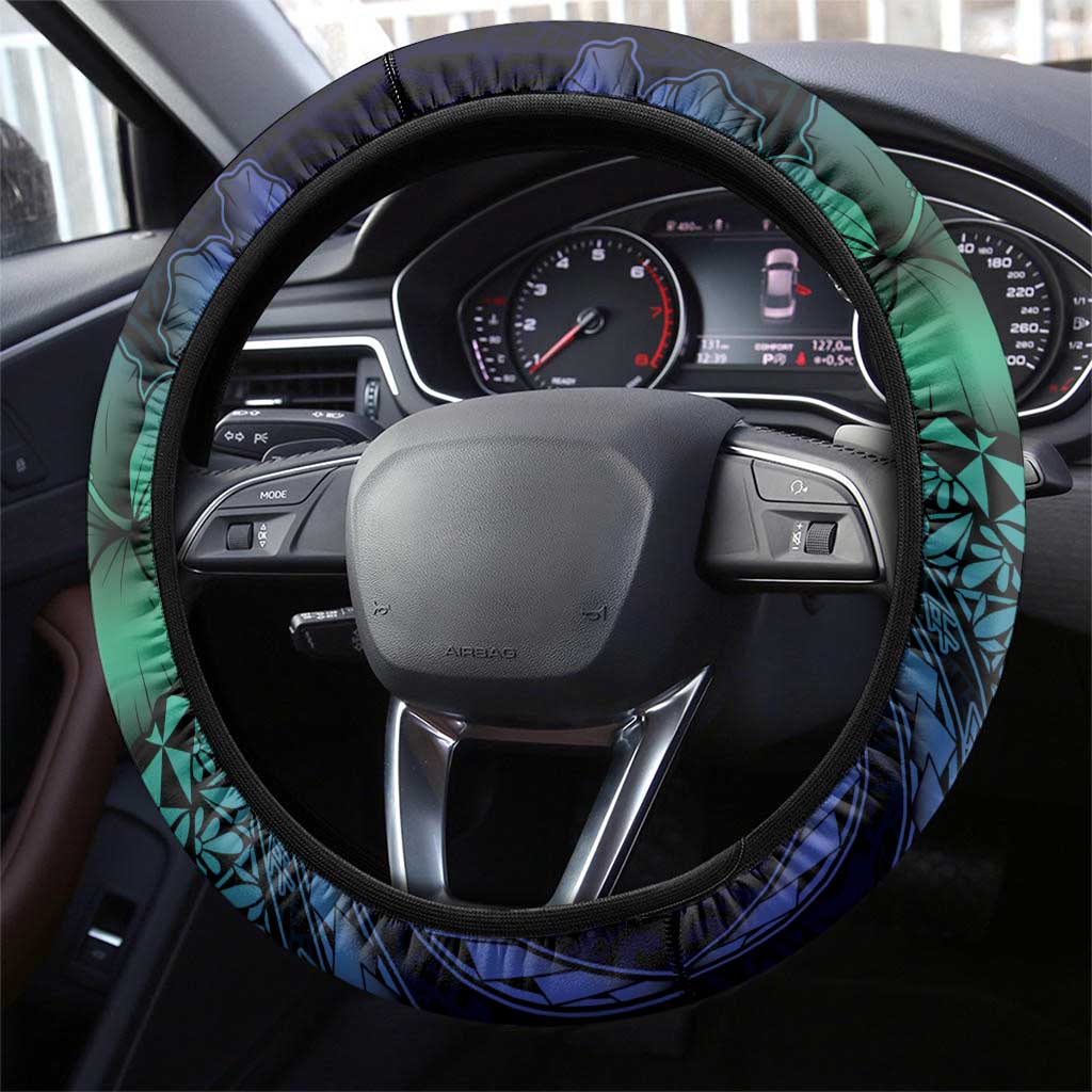 Hawaiian Sea Turtle Steering Wheel Cover Blue Hibiscus Flowers and Kakau Pattern LT9 - Polynesian Pride