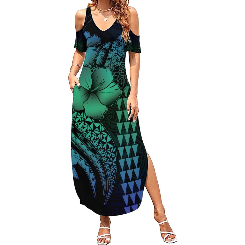 Hawaiian Sea Turtle Summer Maxi Dress Blue Hibiscus Flowers and Kakau Pattern LT9 Women Blue - Polynesian Pride