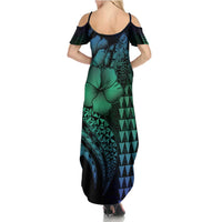 Hawaiian Sea Turtle Summer Maxi Dress Blue Hibiscus Flowers and Kakau Pattern LT9 - Polynesian Pride