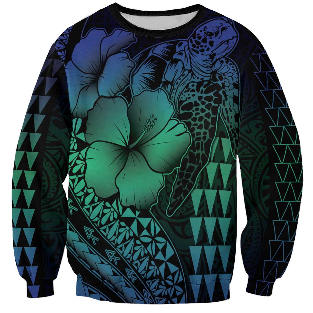 Hawaiian Sea Turtle Sweatshirt Blue Hibiscus Flowers and Kakau Pattern LT9 Unisex Blue - Polynesian Pride
