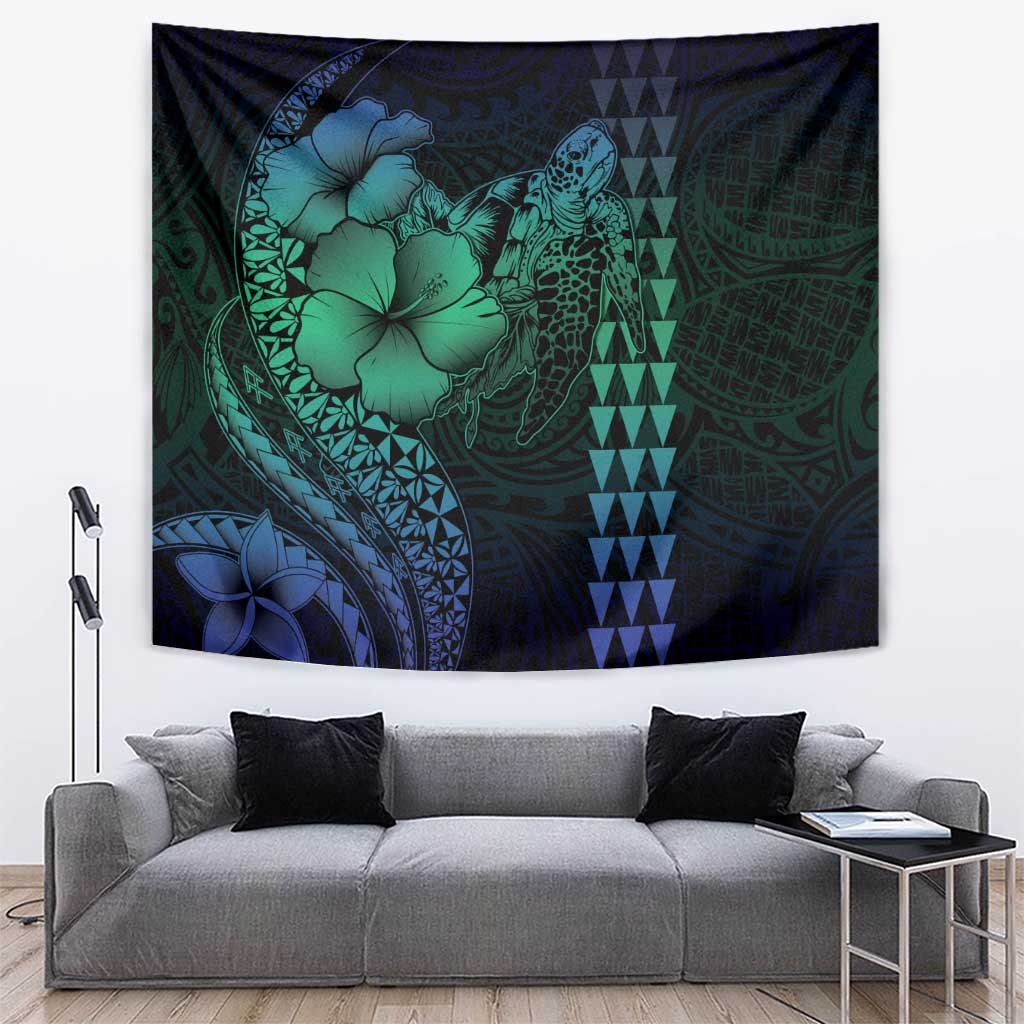 Hawaiian Sea Turtle Tapestry Blue Hibiscus Flowers and Kakau Pattern LT9 Blue - Polynesian Pride