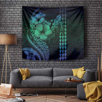 Hawaiian Sea Turtle Tapestry Blue Hibiscus Flowers and Kakau Pattern LT9 - Polynesian Pride
