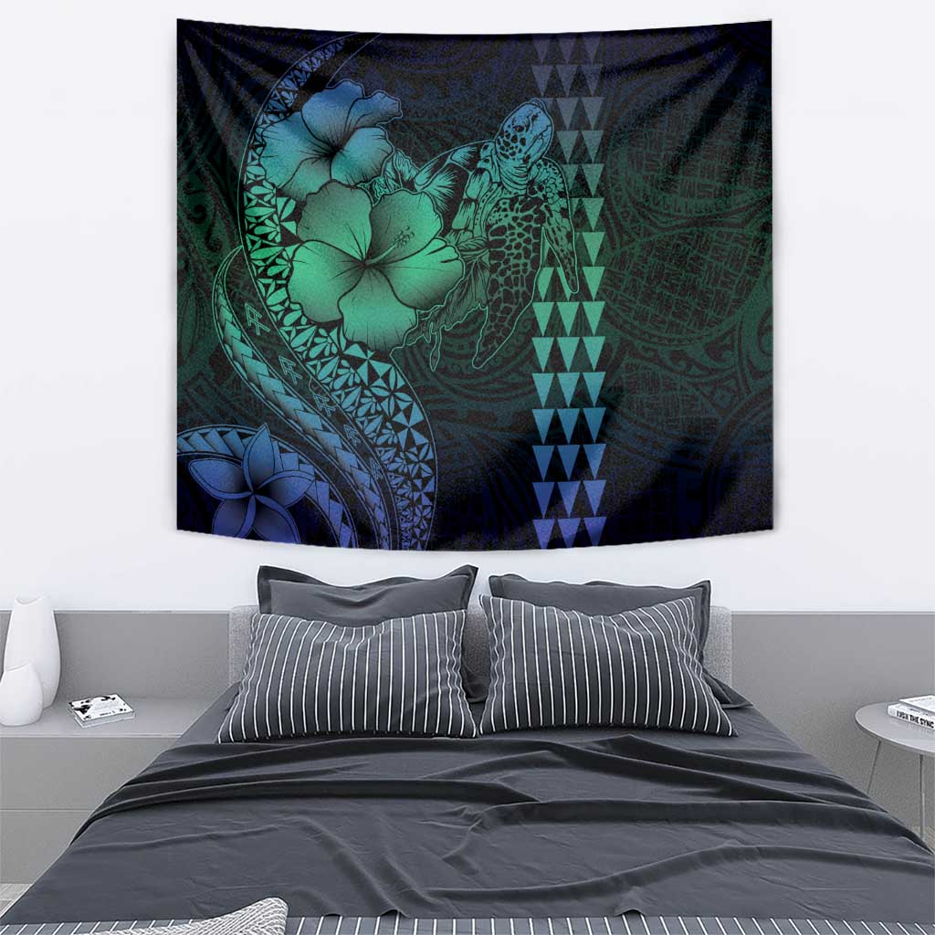 Hawaiian Sea Turtle Tapestry Blue Hibiscus Flowers and Kakau Pattern LT9 - Polynesian Pride