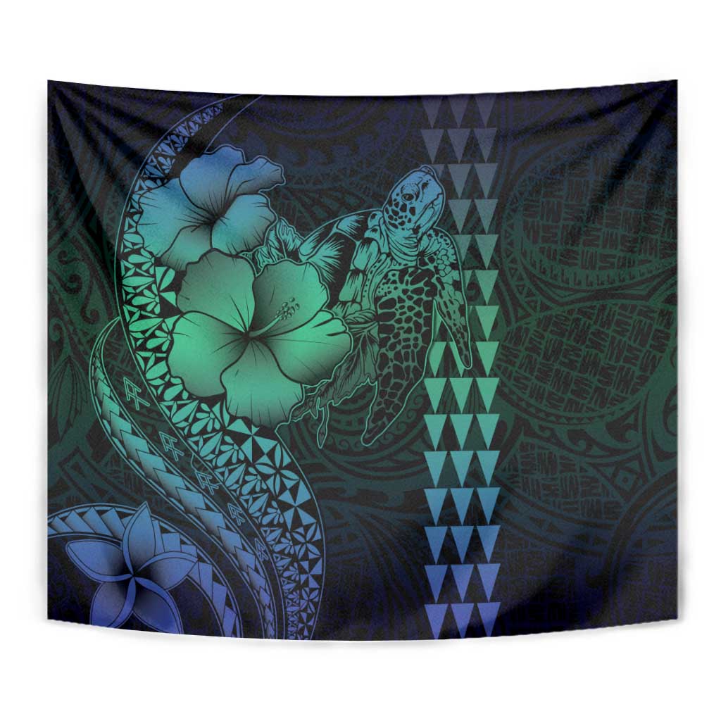Hawaiian Sea Turtle Tapestry Blue Hibiscus Flowers and Kakau Pattern LT9 - Polynesian Pride