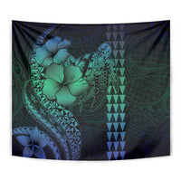Hawaiian Sea Turtle Tapestry Blue Hibiscus Flowers and Kakau Pattern LT9 - Polynesian Pride