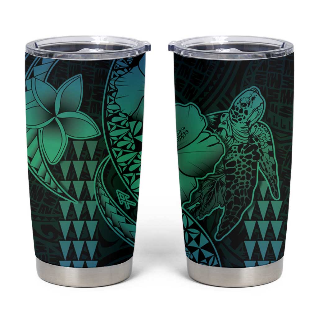 Hawaiian Sea Turtle Tumbler Cup Blue Hibiscus Flowers and Kakau Pattern LT9 Blue - Polynesian Pride