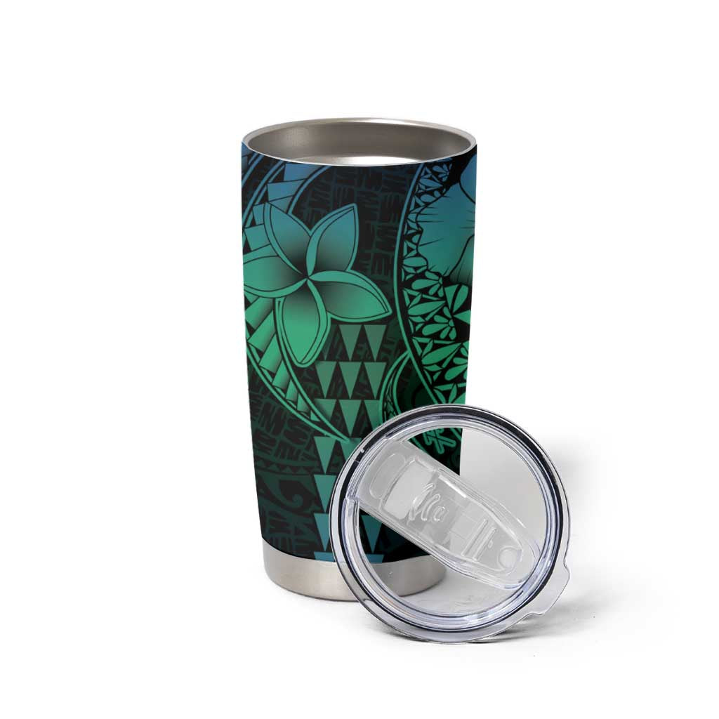 Hawaiian Sea Turtle Tumbler Cup Blue Hibiscus Flowers and Kakau Pattern LT9 - Polynesian Pride