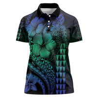 Hawaiian Sea Turtle Women Polo Shirt Blue Hibiscus Flowers and Kakau Pattern LT9 Female Blue - Polynesian Pride