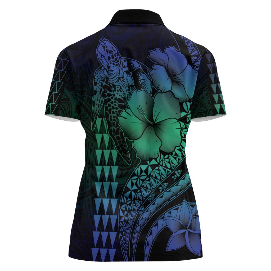 Hawaiian Sea Turtle Women Polo Shirt Blue Hibiscus Flowers and Kakau Pattern LT9 - Polynesian Pride